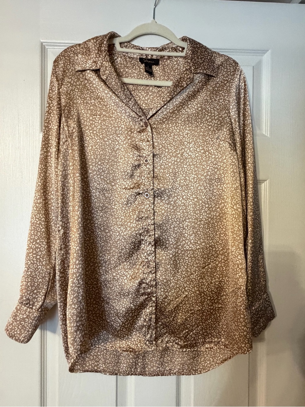 Japna Taupe Animal Print Button-Down Silk Blouse Size Large